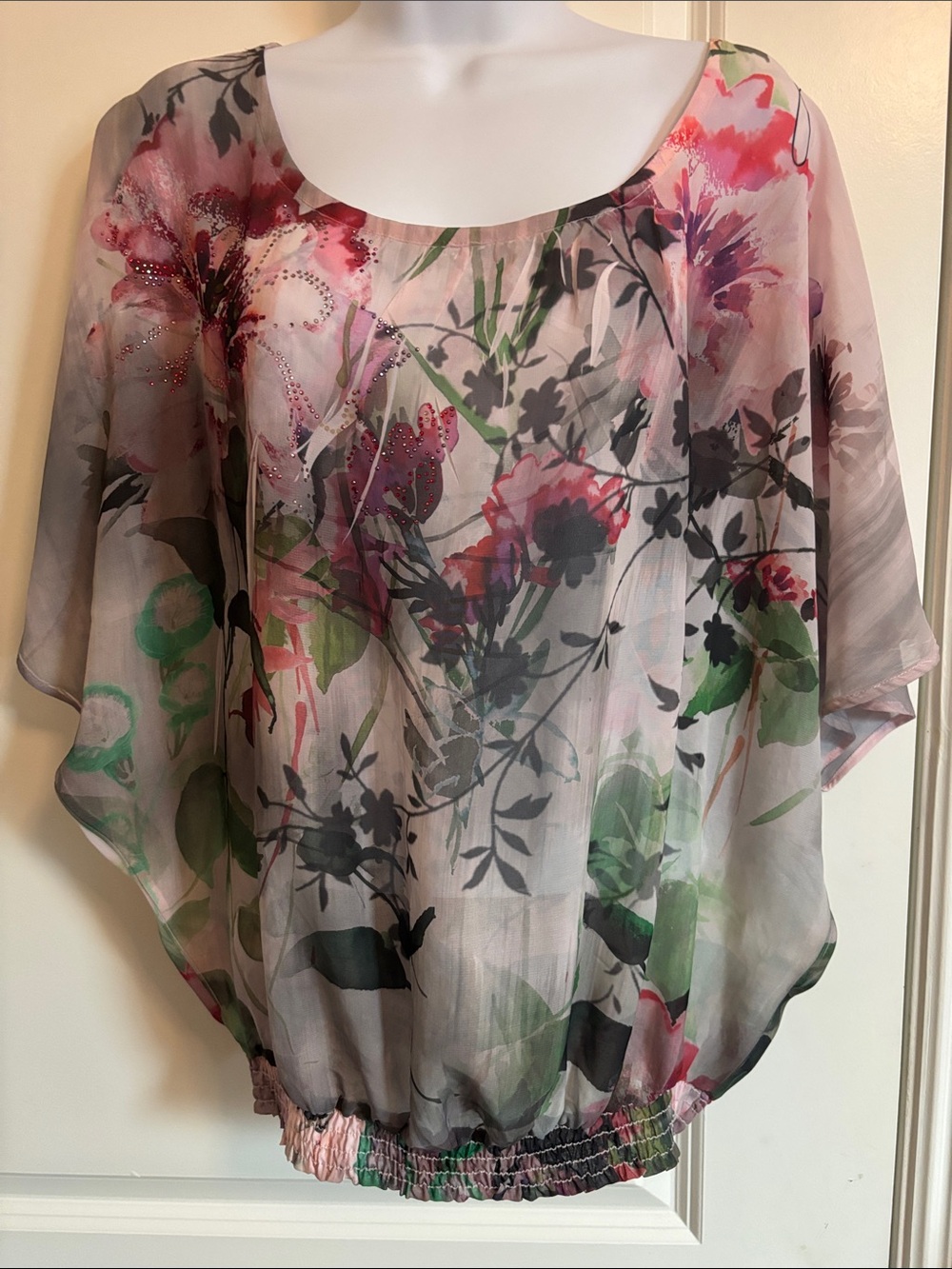 New Directions Sheer Floral Pink Overlay Tunic Top Small #174T
